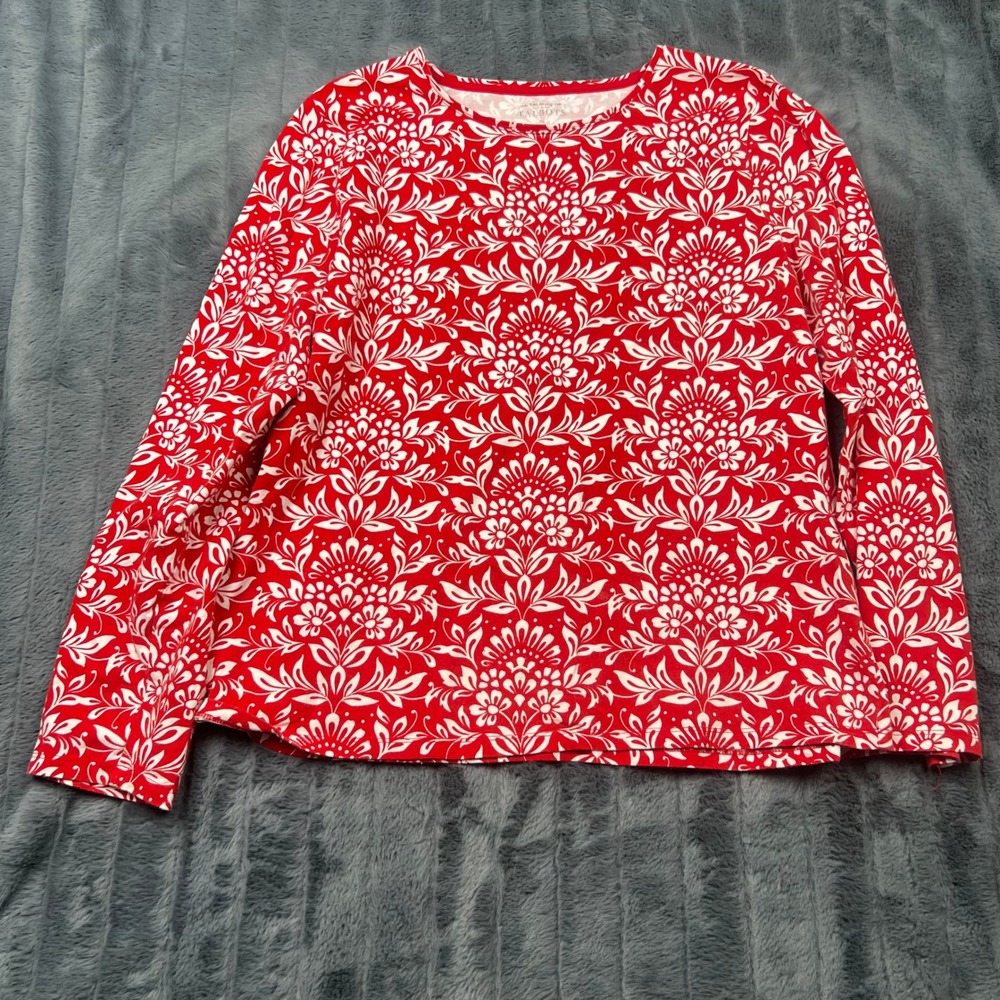 Talbots Tee Womens XL Red White Floral Damask Print Long Sleeve Cotton Top